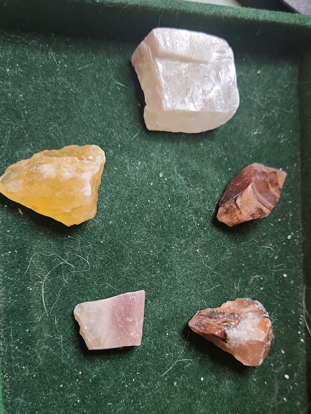 A Collection of Calcite Types: Orange, Yellow/Lime, Red, Tri-Color, and Mangano